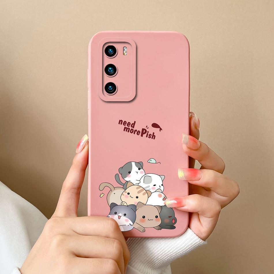 For Huawei P40 Pro Case Cute Cat Soft Liquid Silicone Full Coverage Anti Drop Bumper For HuaweiP40 P 40 P40Pro Candy Funda Shell