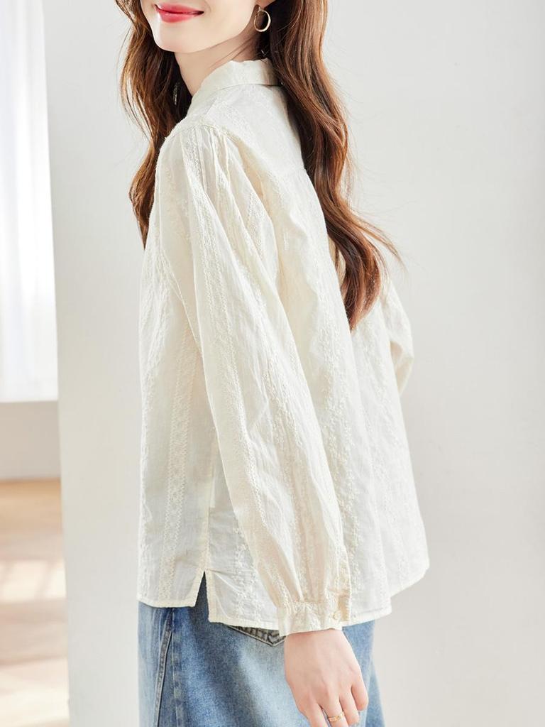 Women's Apricot Embroidered Long-Sleeve Cotton Shirt