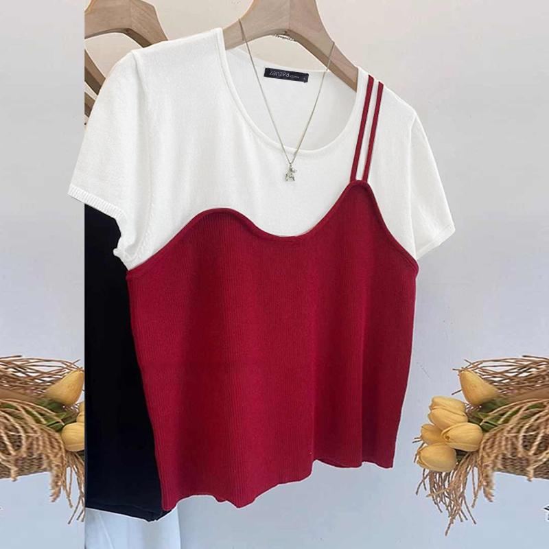 

ZANZEA Женские повседневные поддельные двухсекционные футболки с коротким рукавом в стиле пэчворк L красный