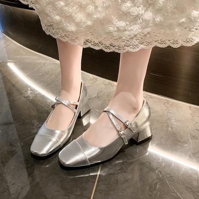 Silver Thick Heel Mary Jane Shoes Women's 2025 New Light Mouth Medium Heel Small Single Shoes
