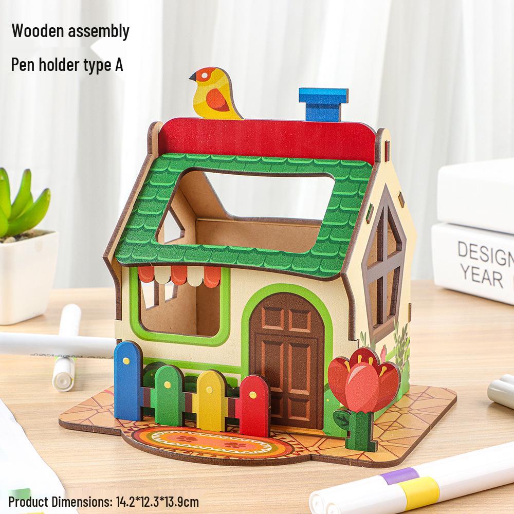 3D Cartoon Wooden House Puzzle & Pen Holder - DIY Desk Storage Gift