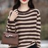 Women 100% Cotton Sweater Autumn Winter Curled O-Neck Pullover Long Sleeve Bottoming Colorful Stripes Knitwear Loose Clothing
