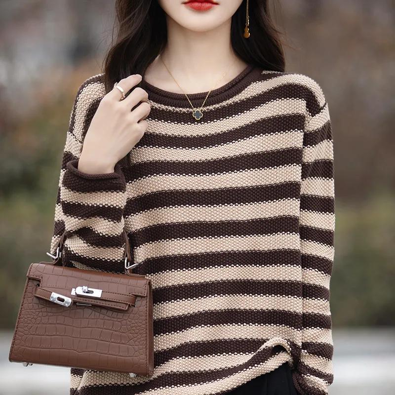 Women 100% Cotton Sweater Autumn Winter Curled O-Neck Pullover Long Sleeve Bottoming Colorful Stripes Knitwear Loose Clothing