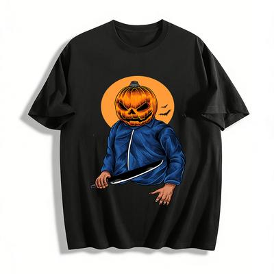 Halloween Pumpkin Head With Knife Print Long Sleeve Top Pure Cotton T-shirt