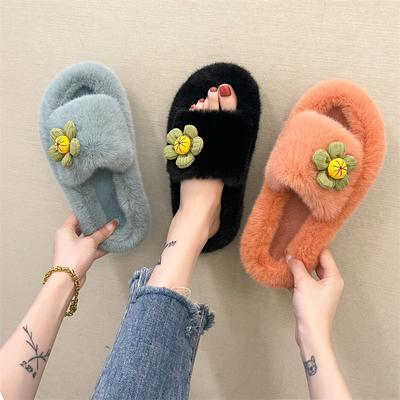 Women Cute Flower Decor Plush Slippers Kawaii Cozy Open Toe Fuzzy House Shoes Winter Women Warm Comfortable  Home Slippers