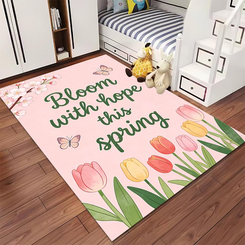 Floral Pink Carpet with Tulips and "Bloom with Hope This Spring" Text Suitable for Use As an Anti-slip for Living Room Bedroom Sofas