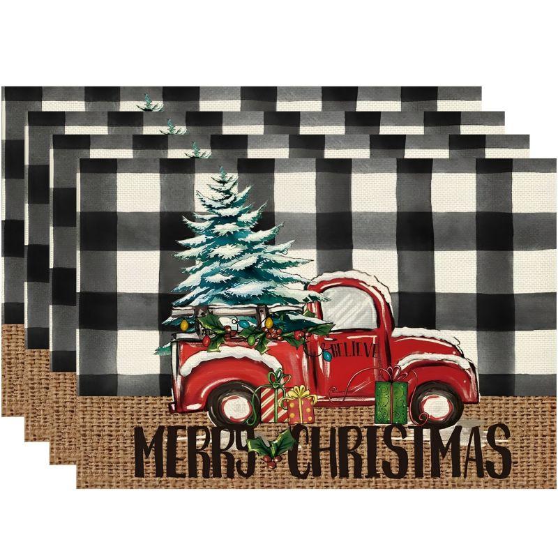 Buffalo Plaid Merry Christmas Placemats Heat Insulation Stain-Resistant Square Linen Table Mats for Dining Table Decoration