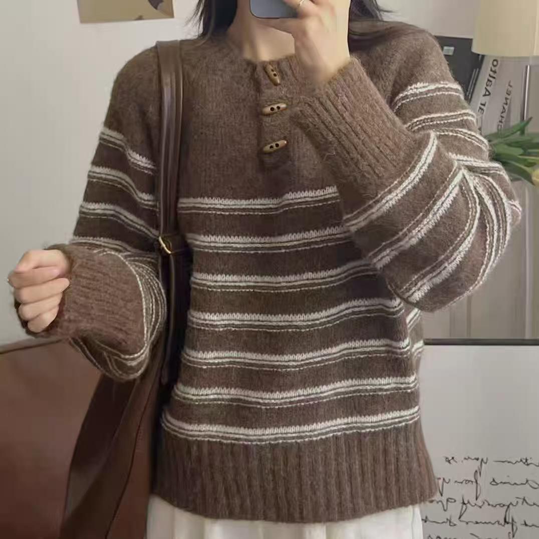 Women s Retro Striped Knit Pullover - Korean Style Autumn/Winter Loose Fit Sweater One size