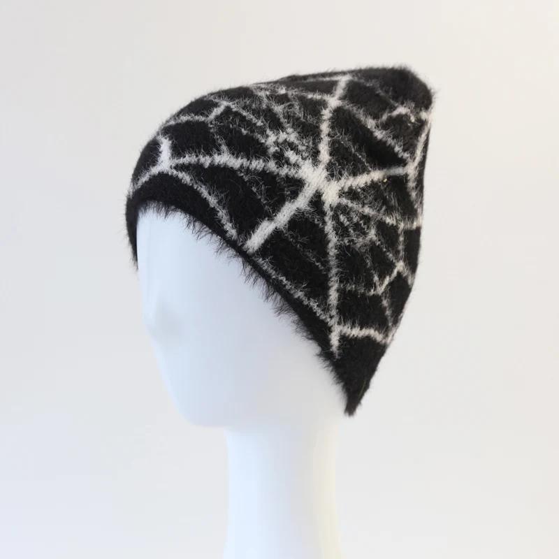Fashion Plush Knit Spider Web Design Hat For Men Women Pullover Pile Cap Y2K Goth Warm Beanie Hats New Hip-Hop Street Cap