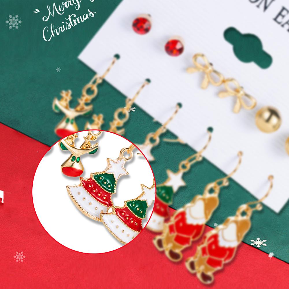6 Pairs Of Women Earrings Christmas Series Christmas Tree Snowman Deer Pattern Earrings Fashionable Cute And Simple Accessories