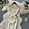 Solid O-neck Knitted Sweater Dress for Women Summer Autumn Short-Sleeve Single-Breasted Tie-Waist Slimming Elegant Bodycon Dress