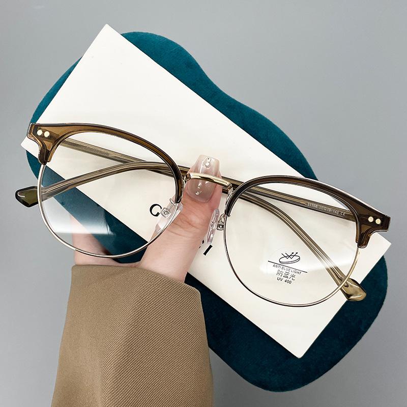 Anti-Blue Light White Flat Eyebrows Metal Frame Glasses Frame Round Frame Small Face Plain Face