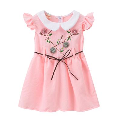 Summer Girls' Dress Cute Doll Collar Embroidered Belt Vest Dress Sweet Flutter Sleeve Princess Dress with Hat