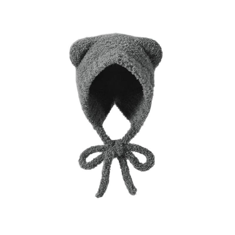 Autumn and winter cute bear female plush headgear warm face small knitted wool hat big head circumference ear protection hat