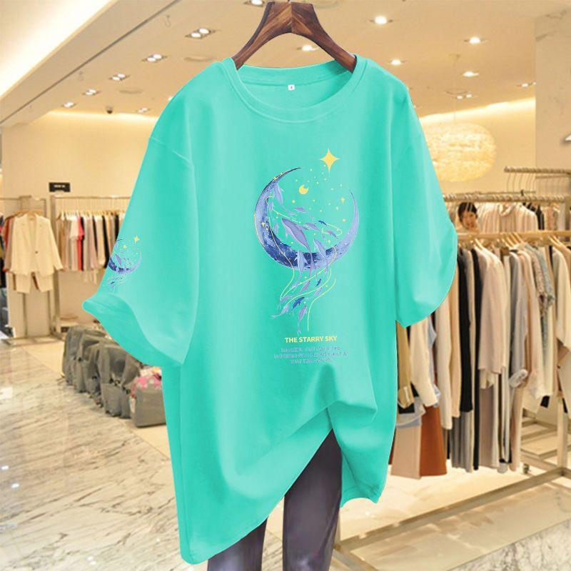 2024 Summer Round Neck Pure Cotton Loose Fitting Mid Length Version Trend Printing Comfort Versatile Women's Clothing T-Shirts