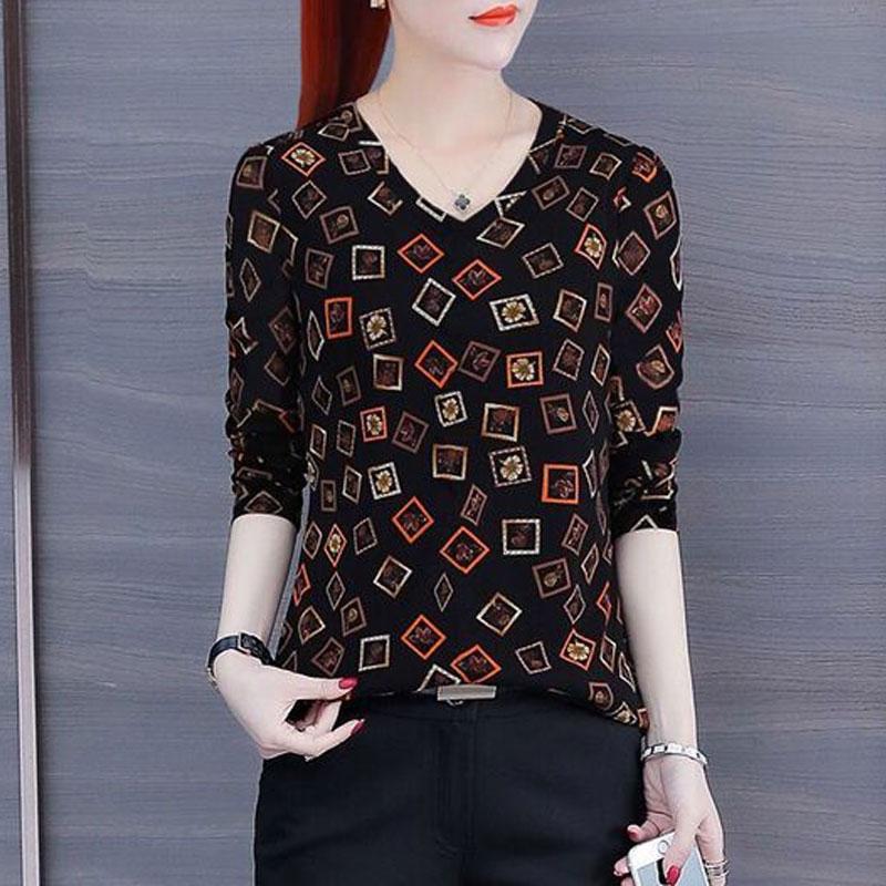 

Стильные пуловеры с клетчатым принтом, повседневные, с V-образным вырезом, весенне-осенние, с длинным рукавом, женская одежда для работы, сшивная прямая футболка XXXL чёрный