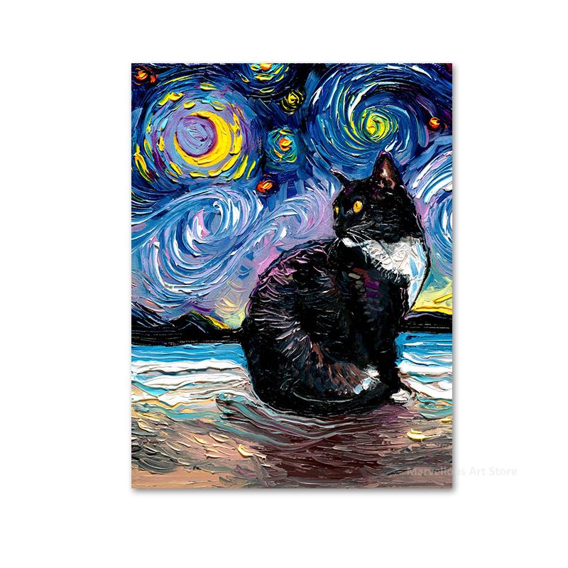 Sternennacht Katze Abstrakte Tier Poster und Drucke Vintage Leinwand Malerei Wand Kunst Bild für Wohnzimmer Korridor Wohnkultur