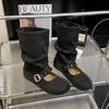 One-pedal medium boots women's autumn new short boots belt buckle thick-soled round head sleeve fashion boots
