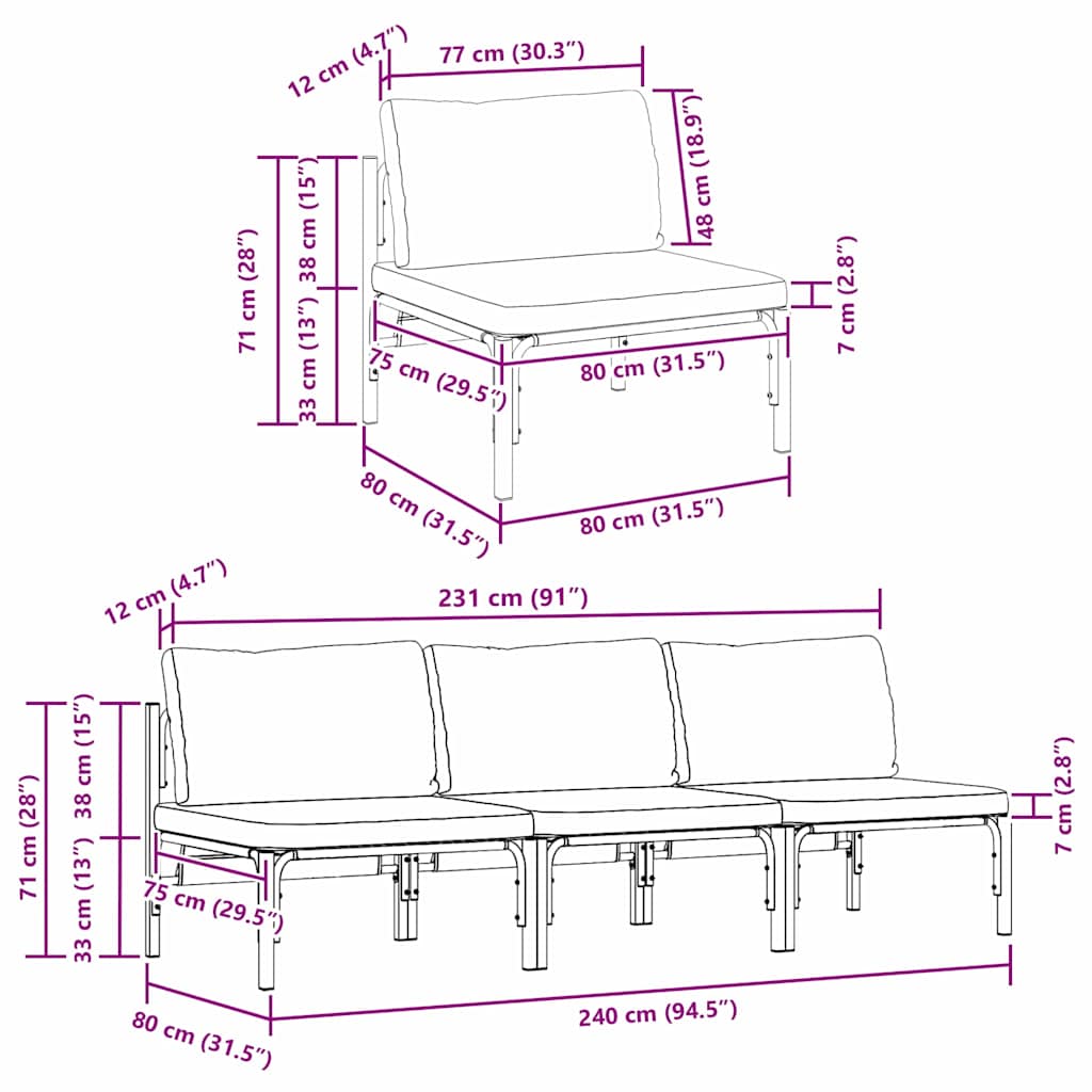 Garden Furniture Set with Cushions 3 Piece Anthracite 80 X 80 X 71 Cm Steel