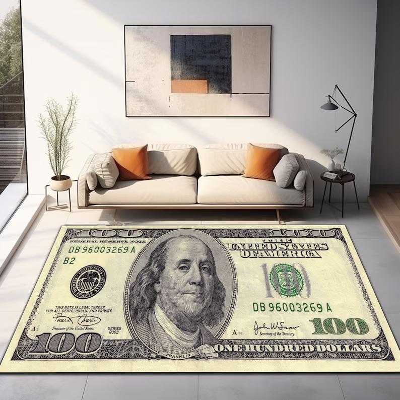 100 Dollar Bill Area Rug Non-Slip Polyester Money Rug Living Room and Bedroom Decoration Carpet