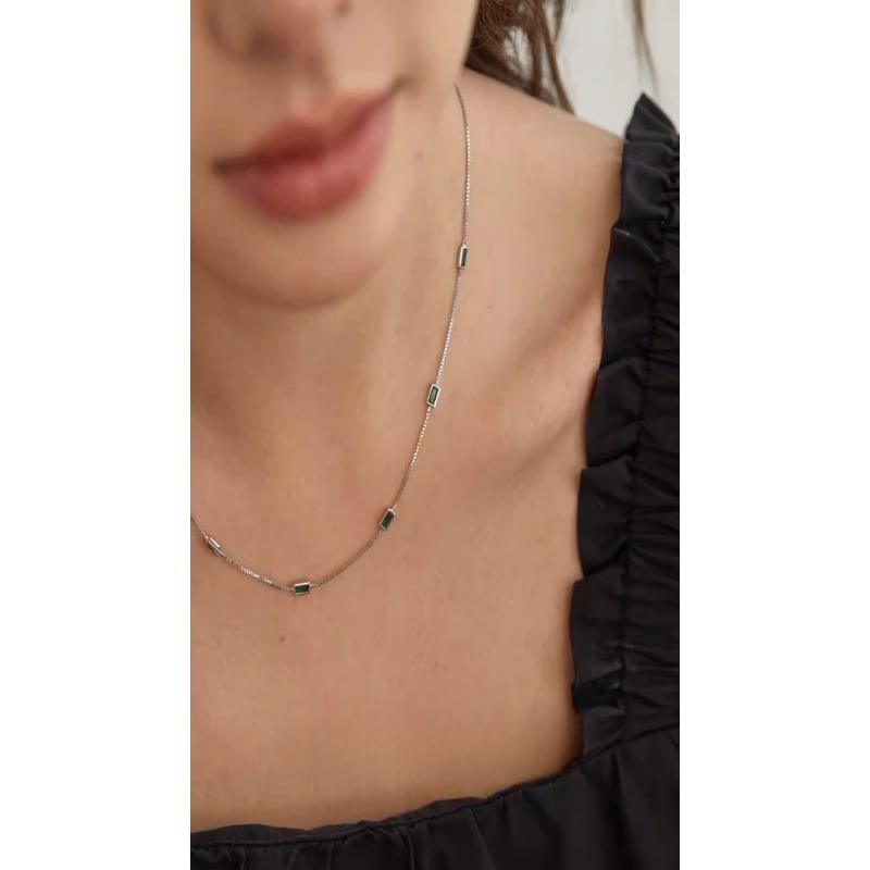 Vin14K Gold Plated Dainty Green Rectangle Cubic Zirconia Necklace Thin Snake Chain Minimalist Daily Choker Neck Jewelry for Women