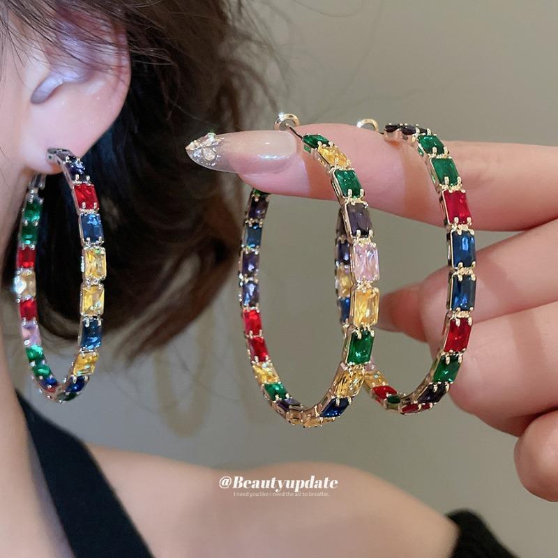 Silver needle dopamine color zircon round earrings fashion temperament light luxury earrings design sense niche earrings women
