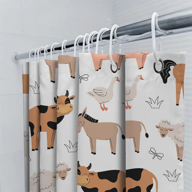 Farm Animal Pattern Shower Curtain Cute Cow Sheep Chicken Goat Pig Horse Design For Bathroom Decor White With Black Border (180X