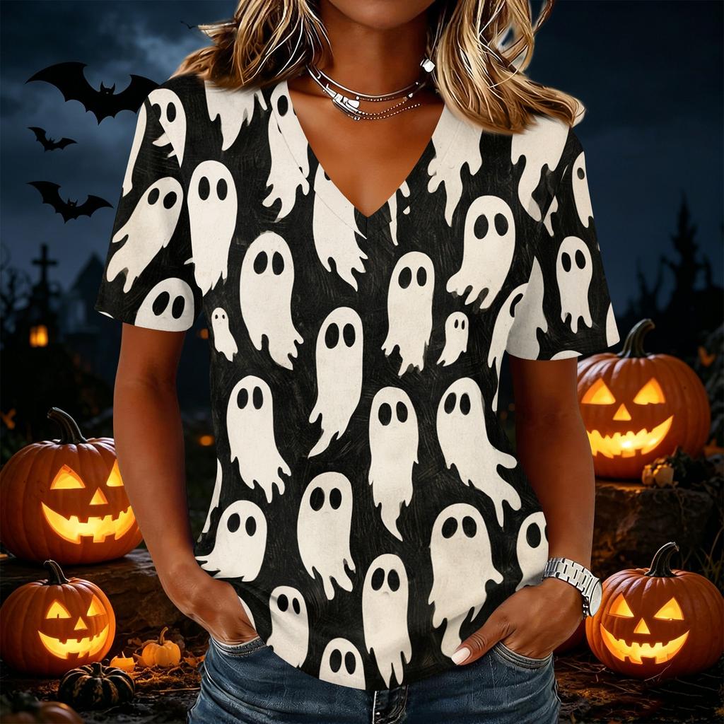 Womens Casual V Neck Pullover Top Halloween Print Short Sleeve Lightweight Blouse for Daily Wear