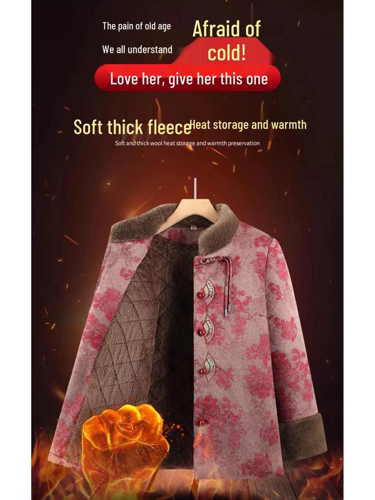 Warm Fleece-Lined Cotton Jacket for 70-Year-Old Women Grandma Tang Style