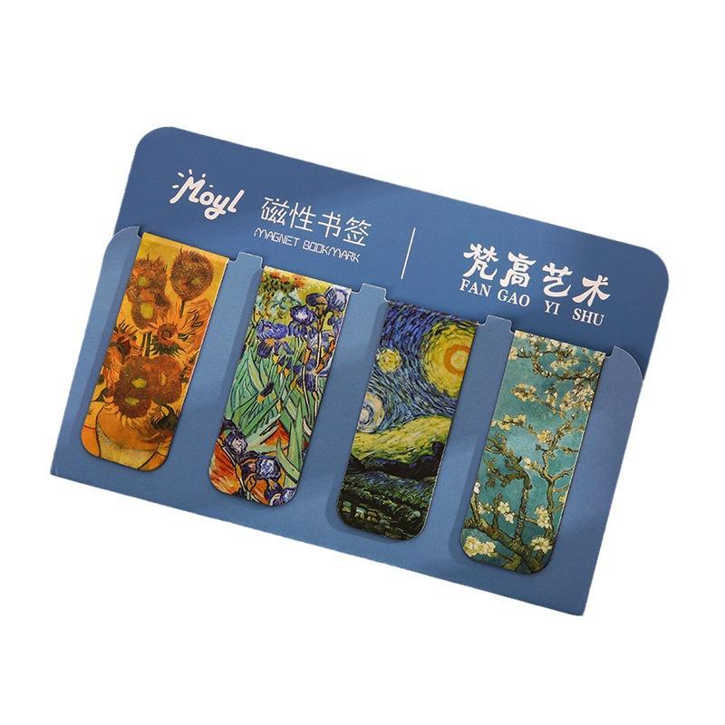 Set of 4 Magnetic Bookmarks: Van Gogh, Mucha, Monet, Ukiyo-e Art Clips & Fresh Refrigerator Magnets