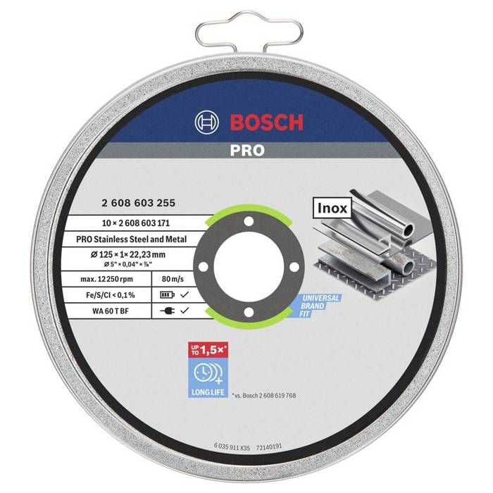 Bosch Boîte de 10 disques à tronçonner pour l'inox et le métal 125 mm x 1 mm