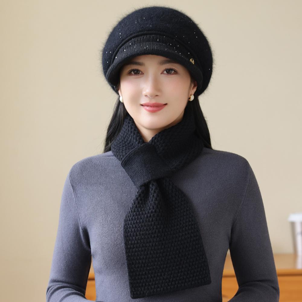 New Women Fashion Winter Warm Set K Letter Plush Fur Lined Warm Hats For Women Casual Rabbit Fur Blend Outdoor Dandy Knitted Cap