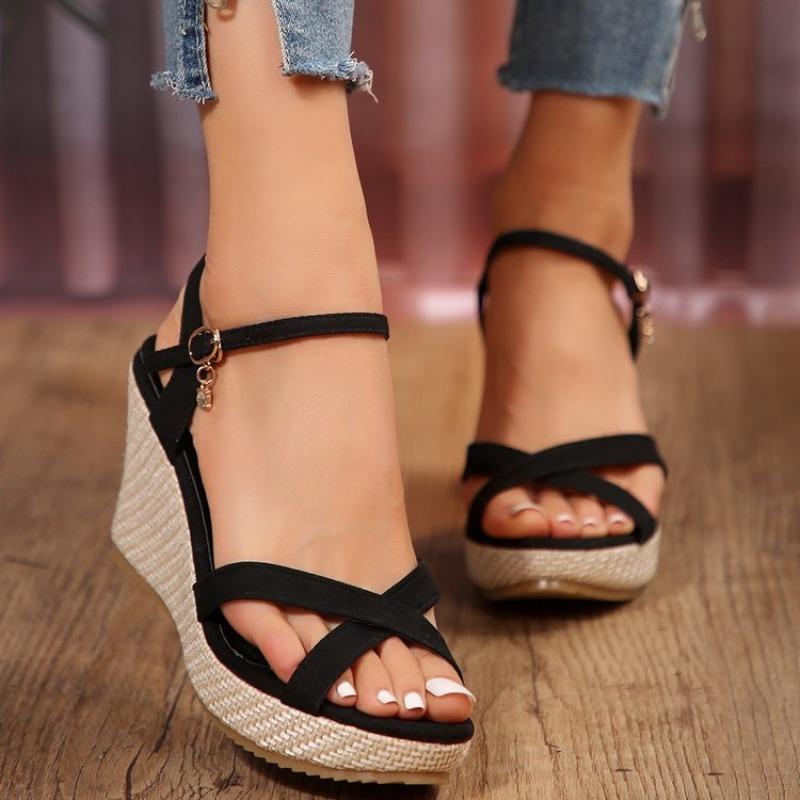 Sandali Zeppa Donna Punta Aperta Cinturino Incrociato Fibbia Suola in Canapa Comfort Casual Calzature Estive