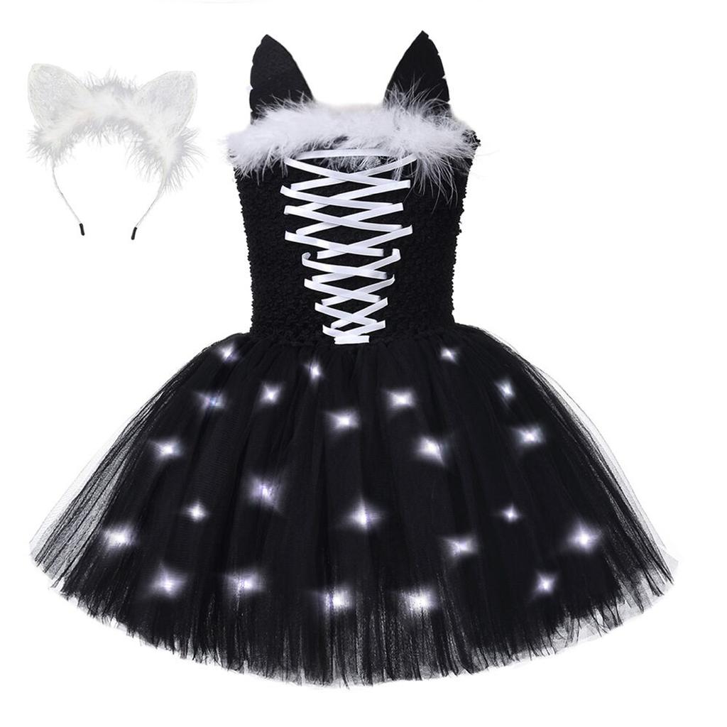 Vestito LED Gatto Nero Principessa Lampeggiante, Compleanno Halloween Cosplay Ragazze Vestito in Rete Nero