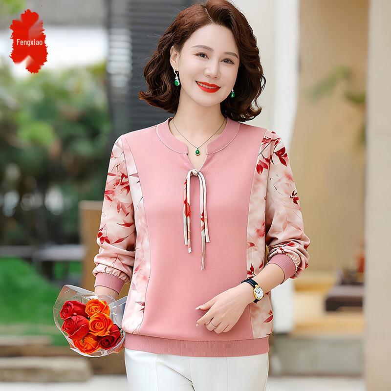 Women s Elegant Floral Splice Long-Sleeve Knit Top 5XL