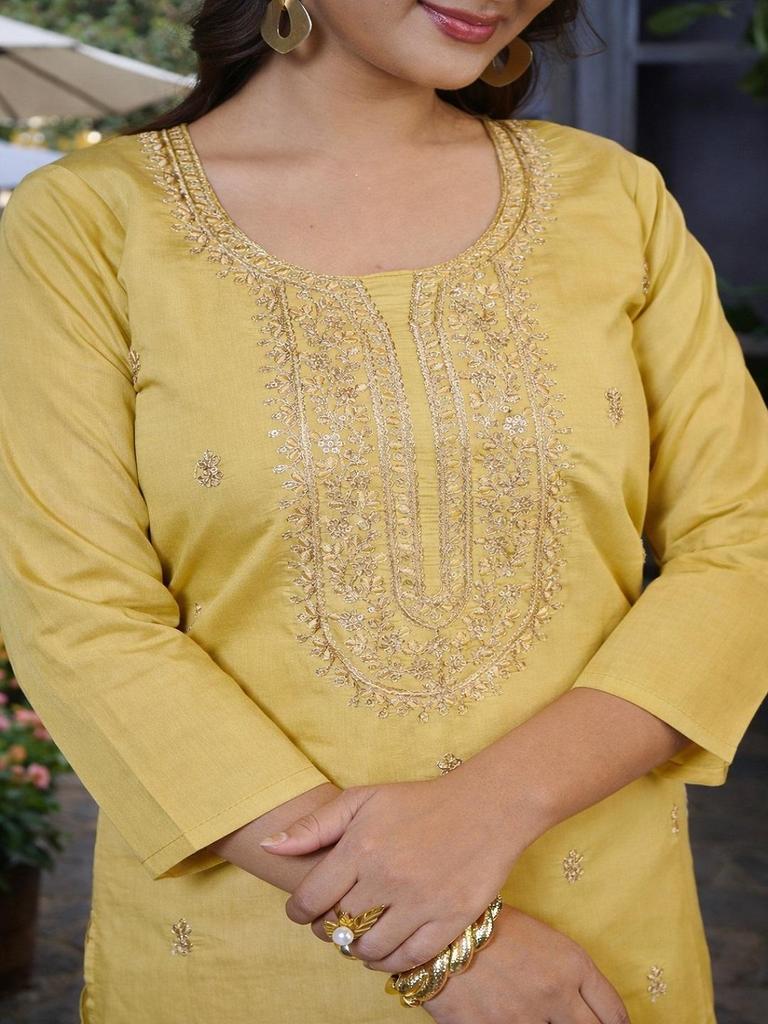 Women Yellow Roman Silk Kurta Pant Set | Embroidered 2 Piece Indian Outfit