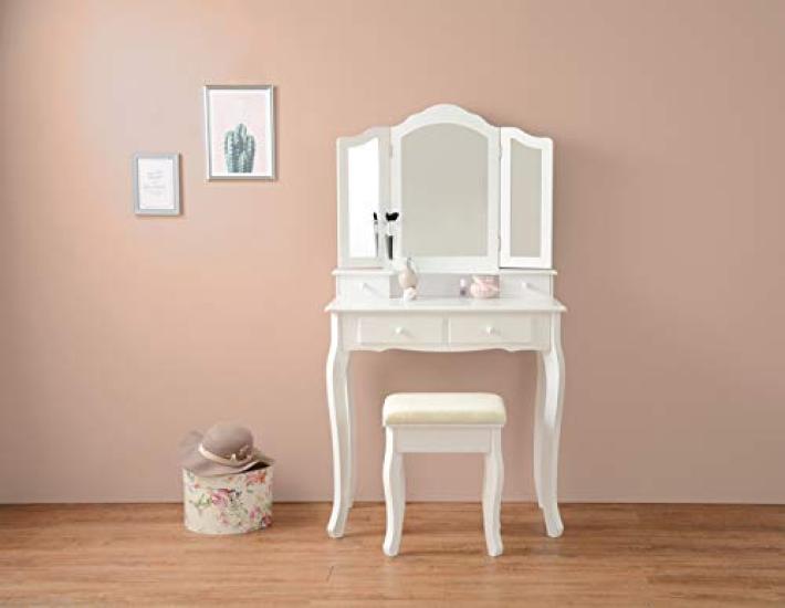 Hagihara Dresser Mirror Vanity Table Elegant Princess White Three-sided MD-6568WH [With Stool]