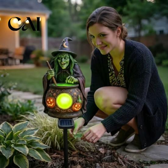Rozmarná čarodějnická umělecká solární lampa v kotlíku na zahradní kolík, Voděodolná pryskyřice, Svítící LED dekorace, Figurka, Socha, Strašidelná venkovní lampa na cestičku pro terasu