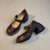 Sheepskin Version~ Round Head High Heel Mary Jane Shoes Women's Leather One-word Buckle Light Mouth Single Shoes Thick Heel Retro Small Leather Shoes