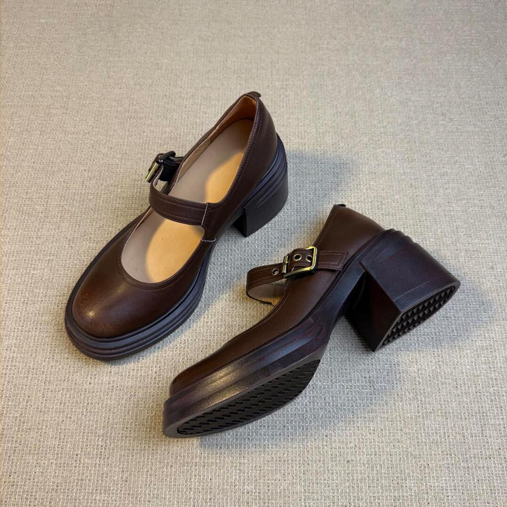 Sheepskin Version~ Round Head High Heel Mary Jane Shoes Women's Leather One-word Buckle Light Mouth Single Shoes Thick Heel Retro Small Leather Shoes