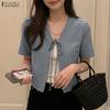 ZANZEA Blusa tipo cárdigan informal con cuello en V y mangas cortas con cordones para mujer
