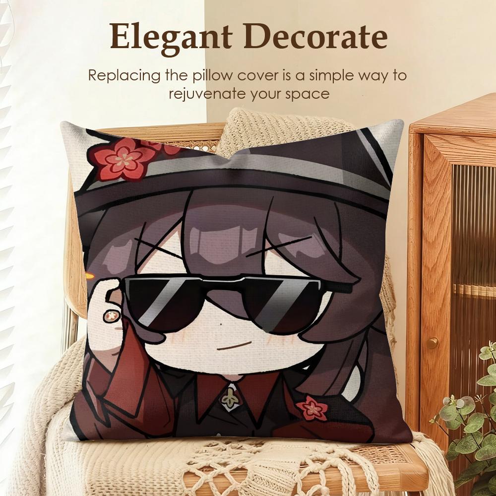Hu Tao cute Genshin Impact Cushion Cover Natural Linen Organic Fabric DoubleSided Printing Sofa Home Decor Gift Pillow Case