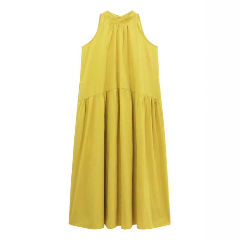 Elegant Yellow Sleeveless Halter Neck A-line Dress - Women's Retro Resort Style.