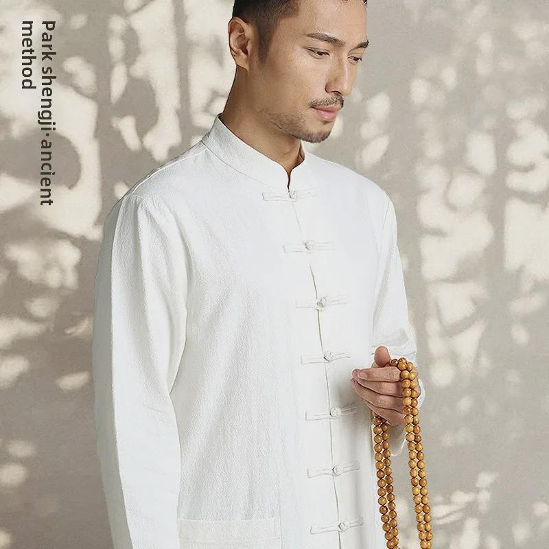Park Shengji Men's Chinese Style Linen Shirt - Retro Tang Suit for Spring and Autumn