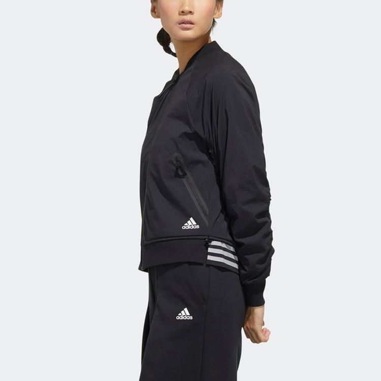 adidas Bomber Logo Wrinkled Solid Loose Sports Casual Jacket Women Black FU6230