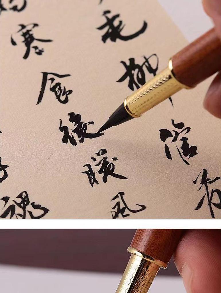 Sandalwood Brush Pen: Portable Calligraphy Soft Tip, Regular Script Ink Cartridge, Engravable Pen