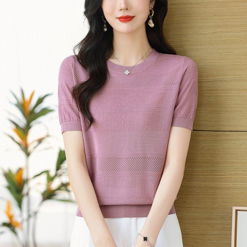 

Ice Silk Short Sleeved T-shirt for Women Summer Style Mom Summer Thin Loose Top Knitted T-shirt S фиолетовый