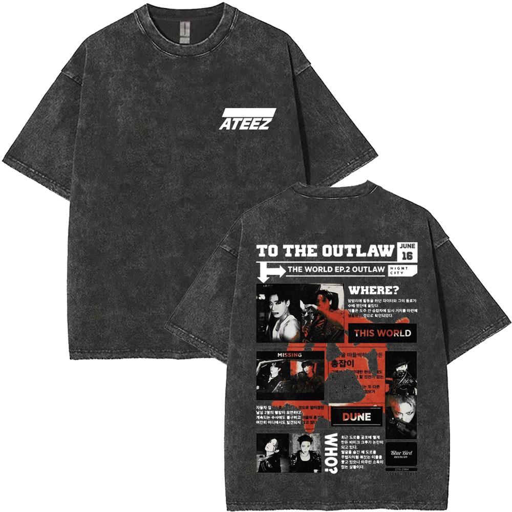 Washed Vintage Kpop ATEEZ "FlX ON" Merch T-shirt Men Women Korean Fashion Trend T Shirts Men's Casual Oversized Cotton T-shirts