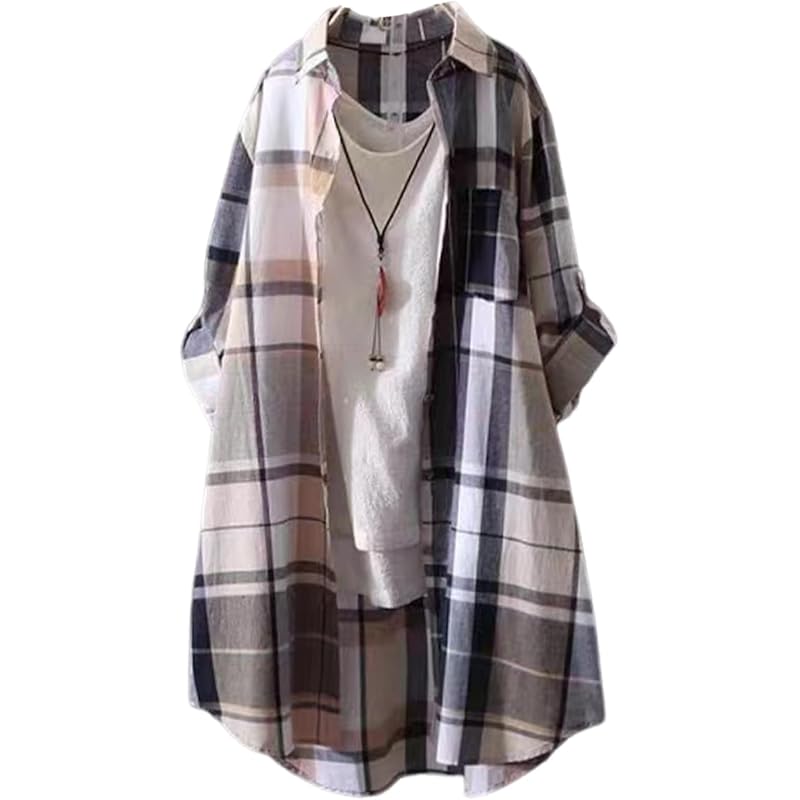 

[J.STORE] check shirt long height spring/summer Thin long sleeve summer clothes office casual mori girl maternity ladies beige 5S-J02-BEM