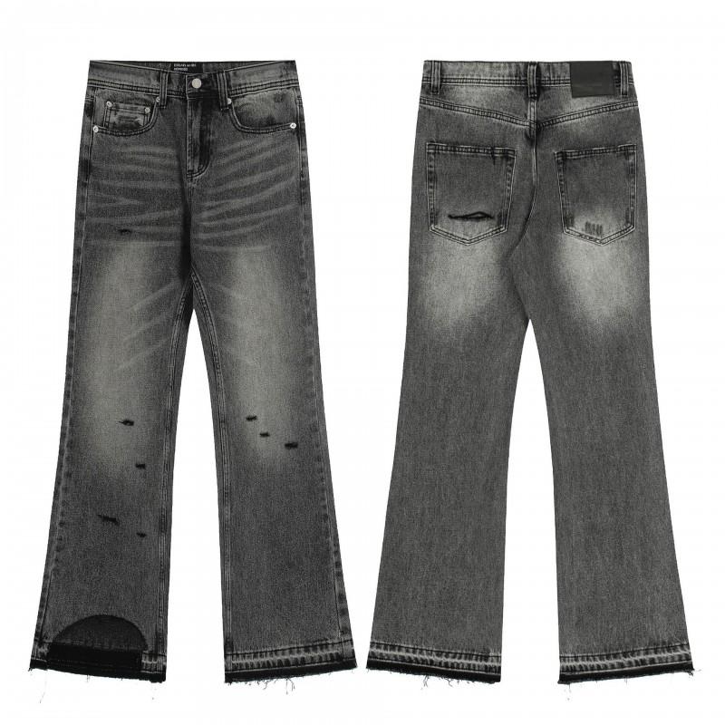 Mens Distressed Straight Fit Denim Jeans With Embroidery Mid-Rise Water Washed Cotton Blend Streetwear Casual Pants